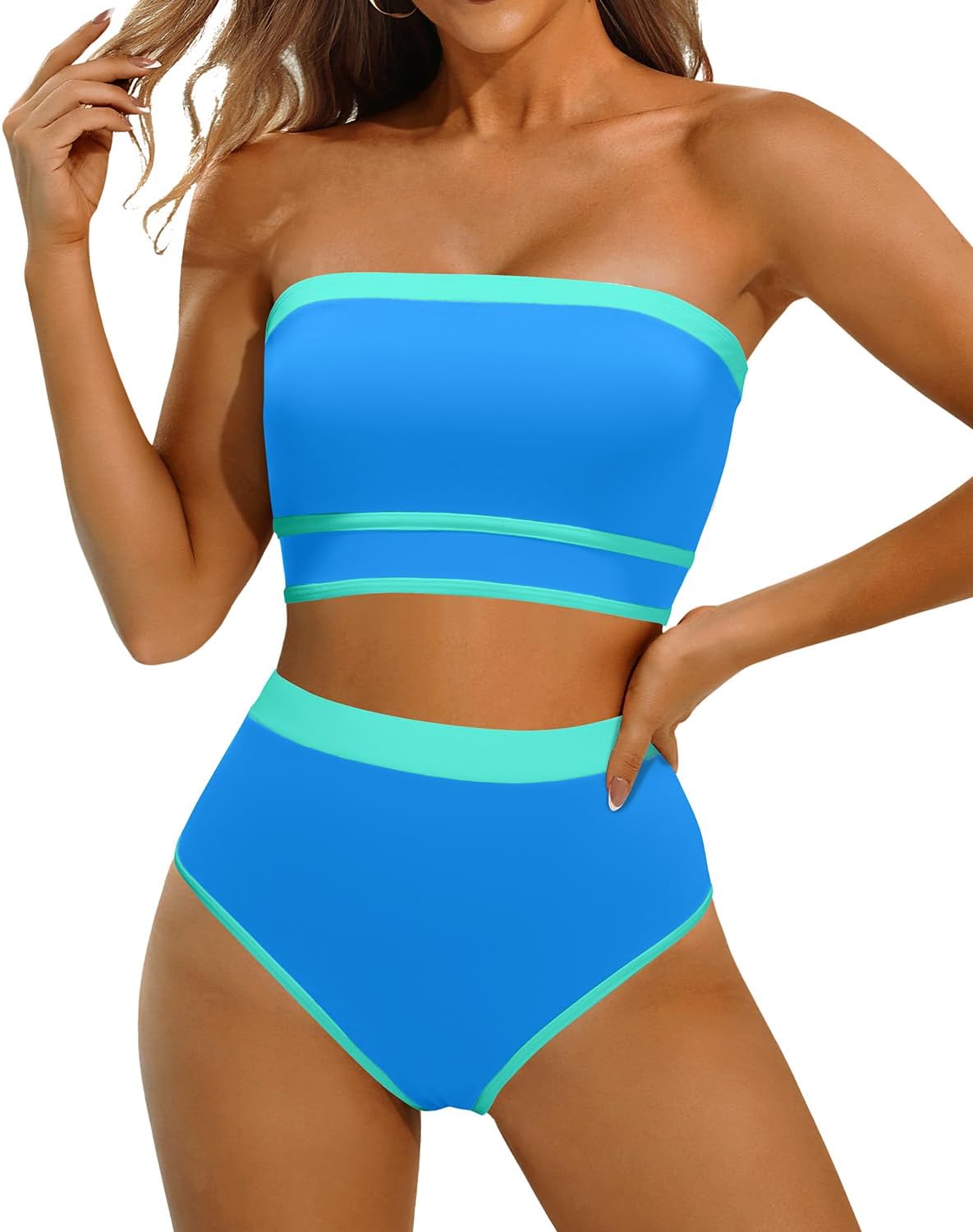 Yonique Bandeau Bikini Strapless Swimsuit - Two Piece High Waisted Bathing Suits