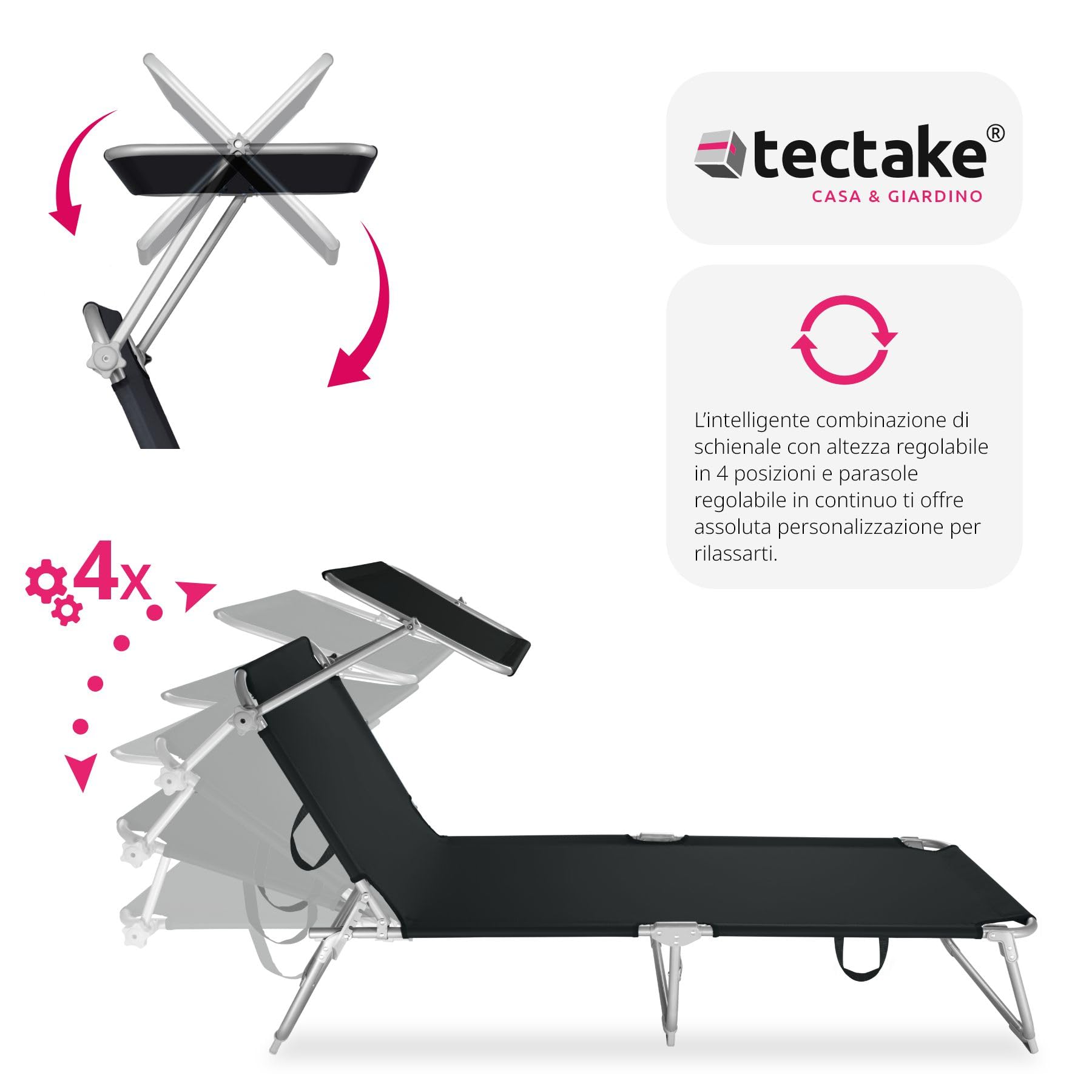 tectake® Lettino a Sdraio per Prendere Il Sole con L'Ombrello Parasole 190cm, Lettino Pieghevole, Sdraio da Spiaggia, Lettino da Sole, Sdraio da giardino, Arredamento Terrazzo Balcone- nero