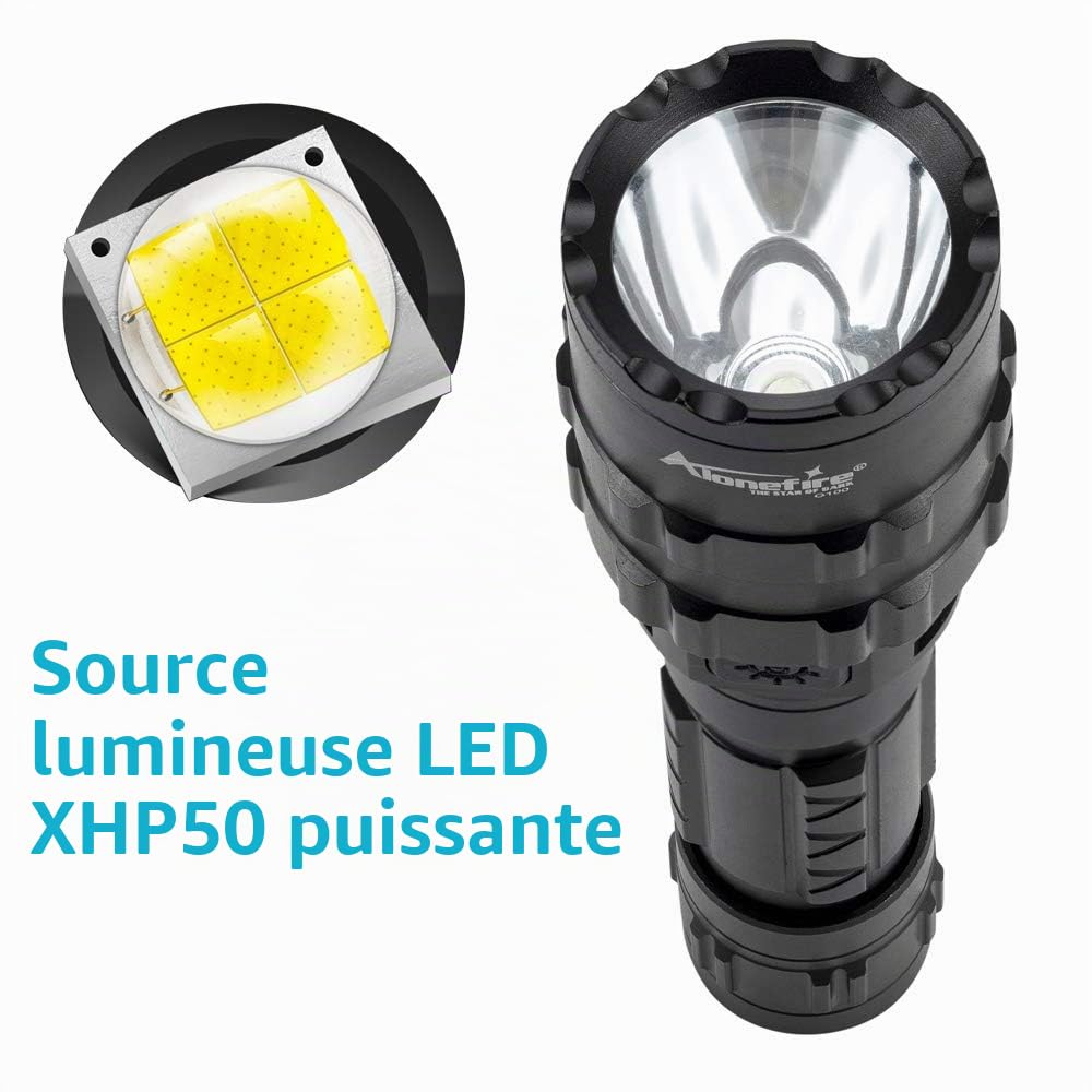 Alonefire G200 Lampe de Poche LED Tactique Ultra Puissante 4000 Lumens élevés XHP50.2 USB Rechargeable 5 modes avec Pile Incluse pour Camping Chasse Sécurité Police Randonné Militaire