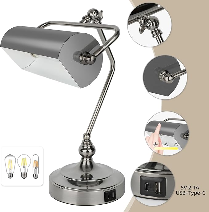 CONCA CONCA Classic Antique Adjustable Metal Touch Table Lamp, Banker's Lamp, Piano Light, Eye Care Table Lamp with Output Charging Port (LED Bulb Included in Package) (Black Sand Nickel) photo 3
