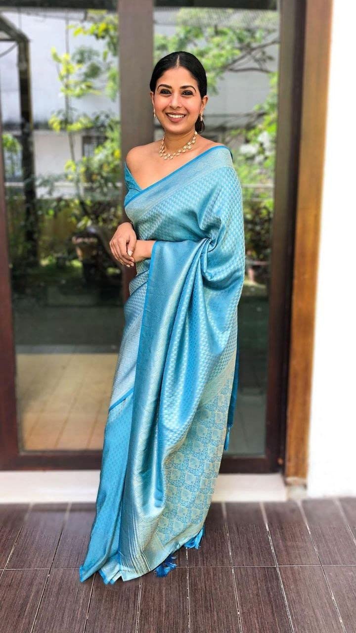 Flosive Women's Present Banarasi Soft Lichi Silk Saree Beautiful Jacquard Rich Pallu Design Work Zari Woven Kanjivaram Silk Style Saree With Soft Lichi Silk Blouse Piece (D Sky) 1