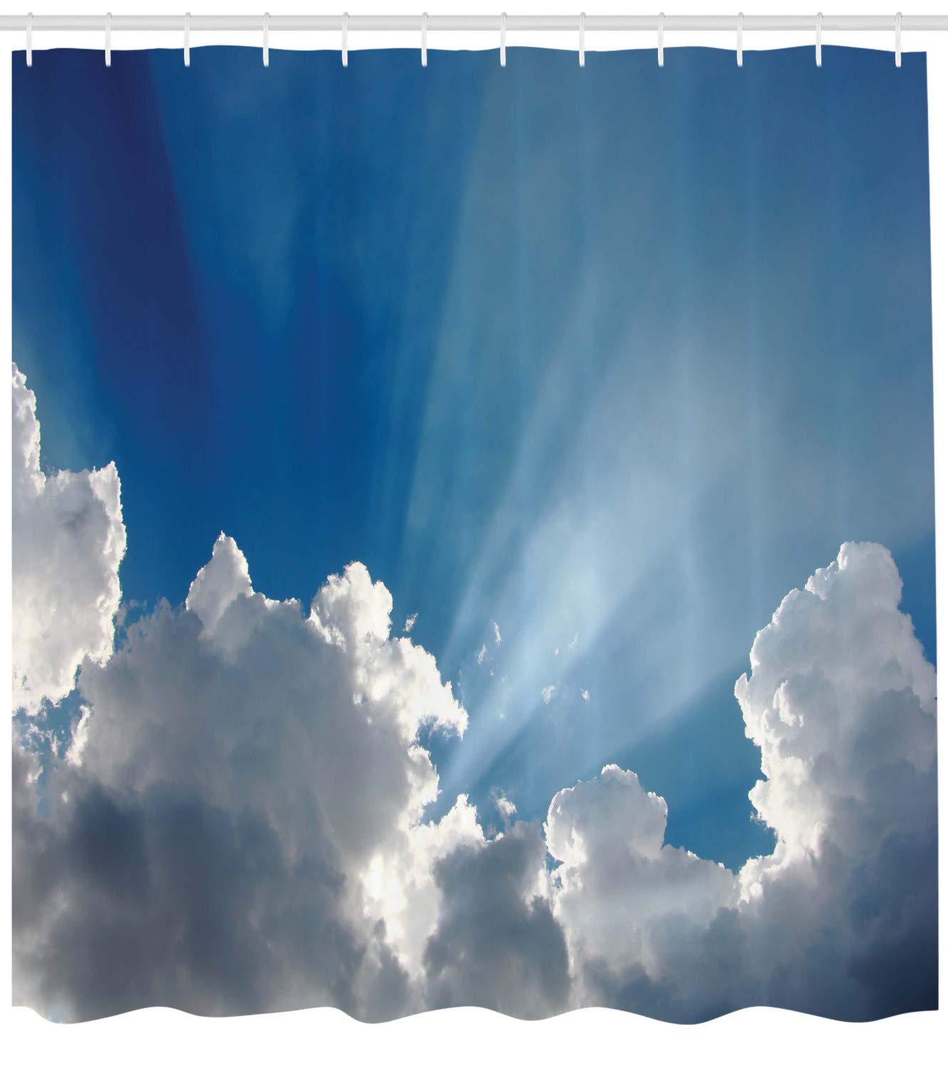 ABAKUHAUS Landscape Shower Curtain, Sky Clouds Sun Rays, Cloth Fabric Bathroom Decor Set including Hooks, 94 Inches, Blue White - Image 2