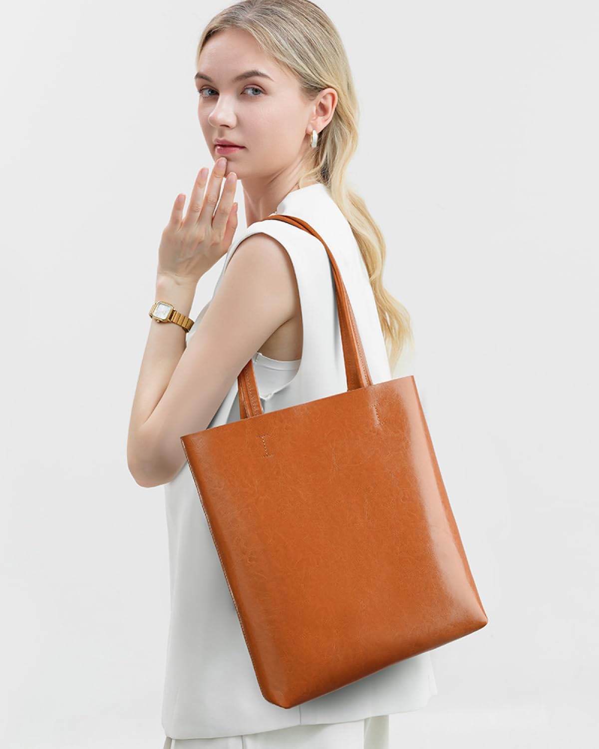 Women's Genuine Cowhide Tote Shoulder Bag - Top Grain Leather Zippered Large Work Handbag