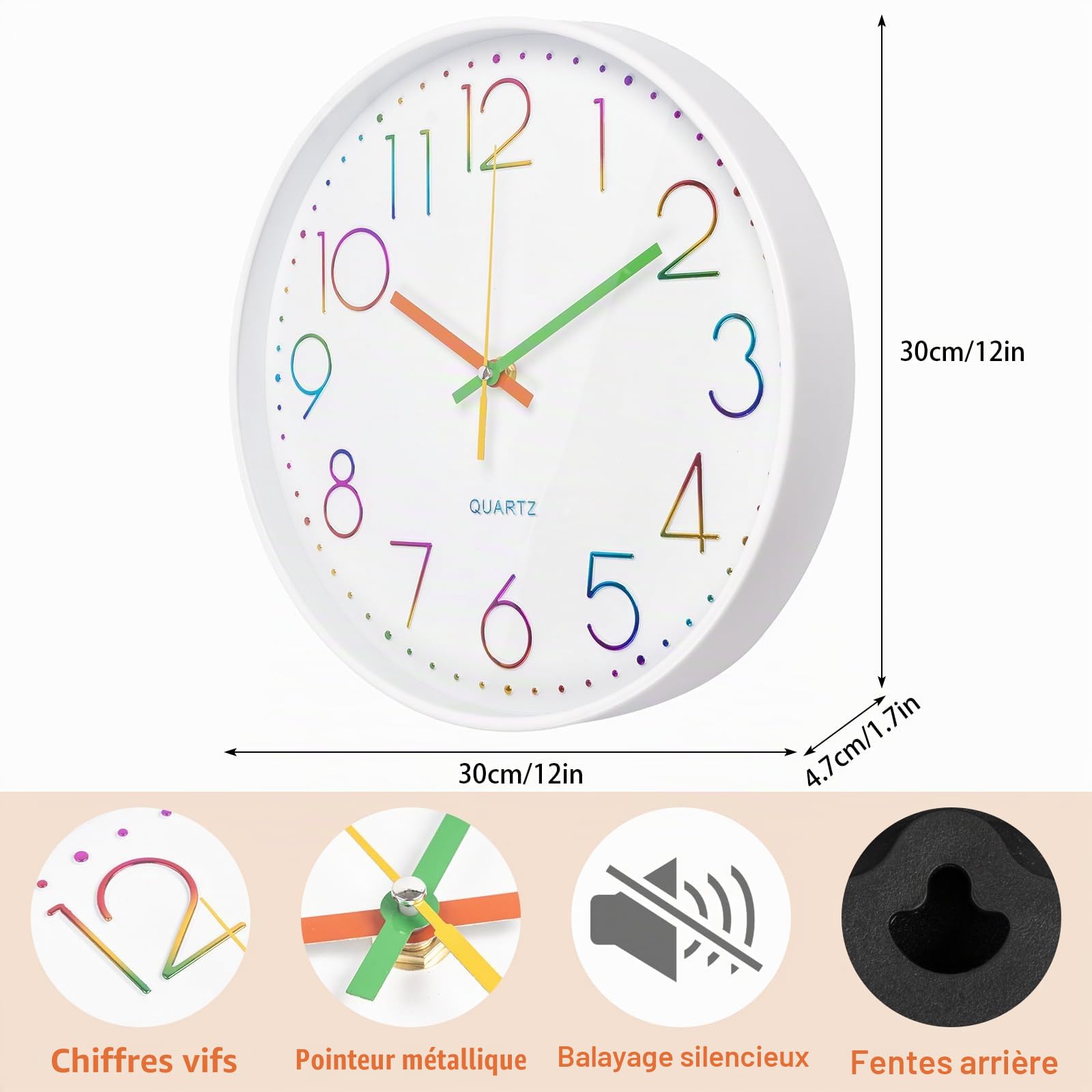 CIMOYBAI Horloge Murale 30cm Silencieuse Chiffres 3D Moderne Bureau Salon Cuisine (Blanco-E)