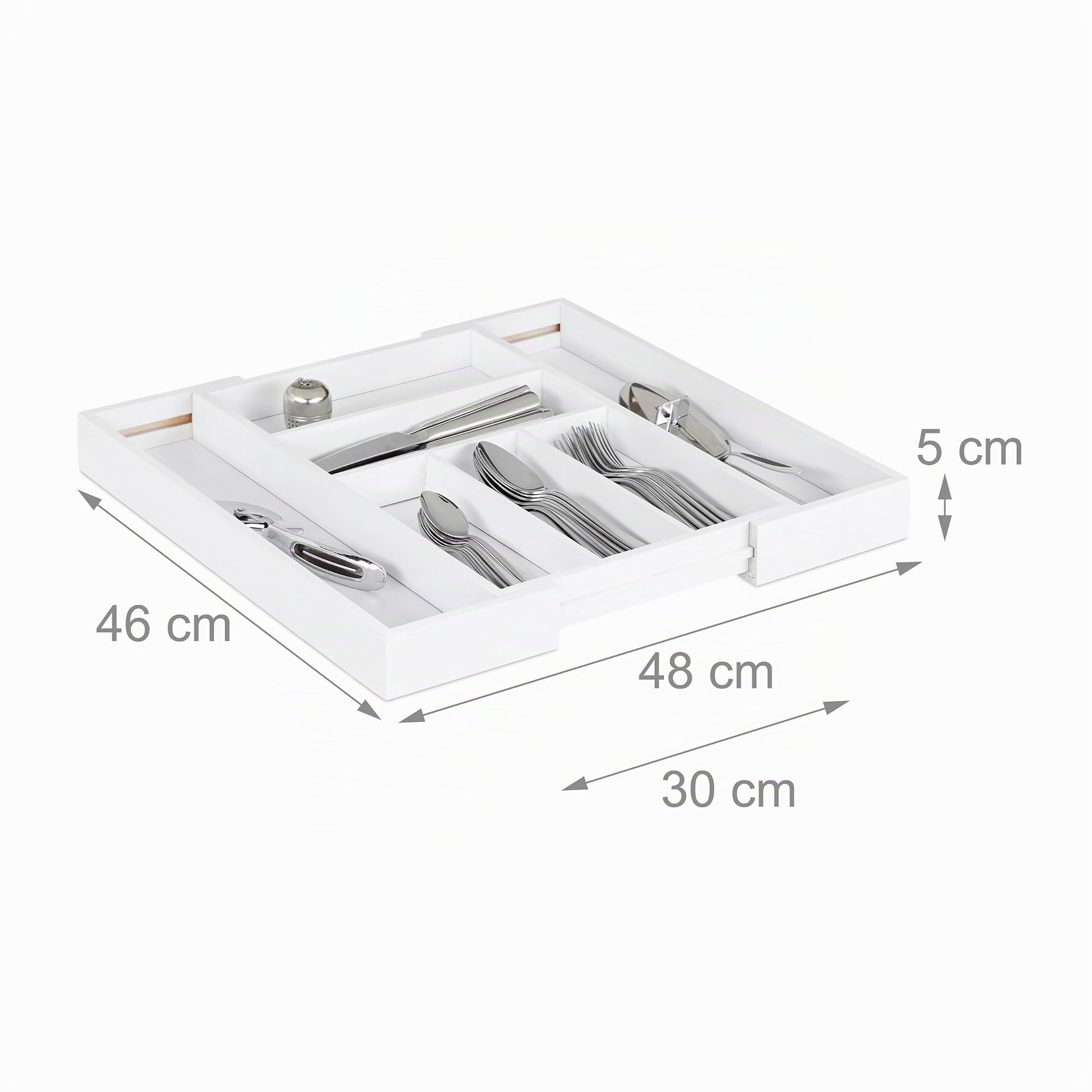 Relaxdays Cubertero Cajón Extensible, Largo Variable, 5-7 Compartimentos, Organizador Cubiertos Bambú, 5x48x46cm, Blanco