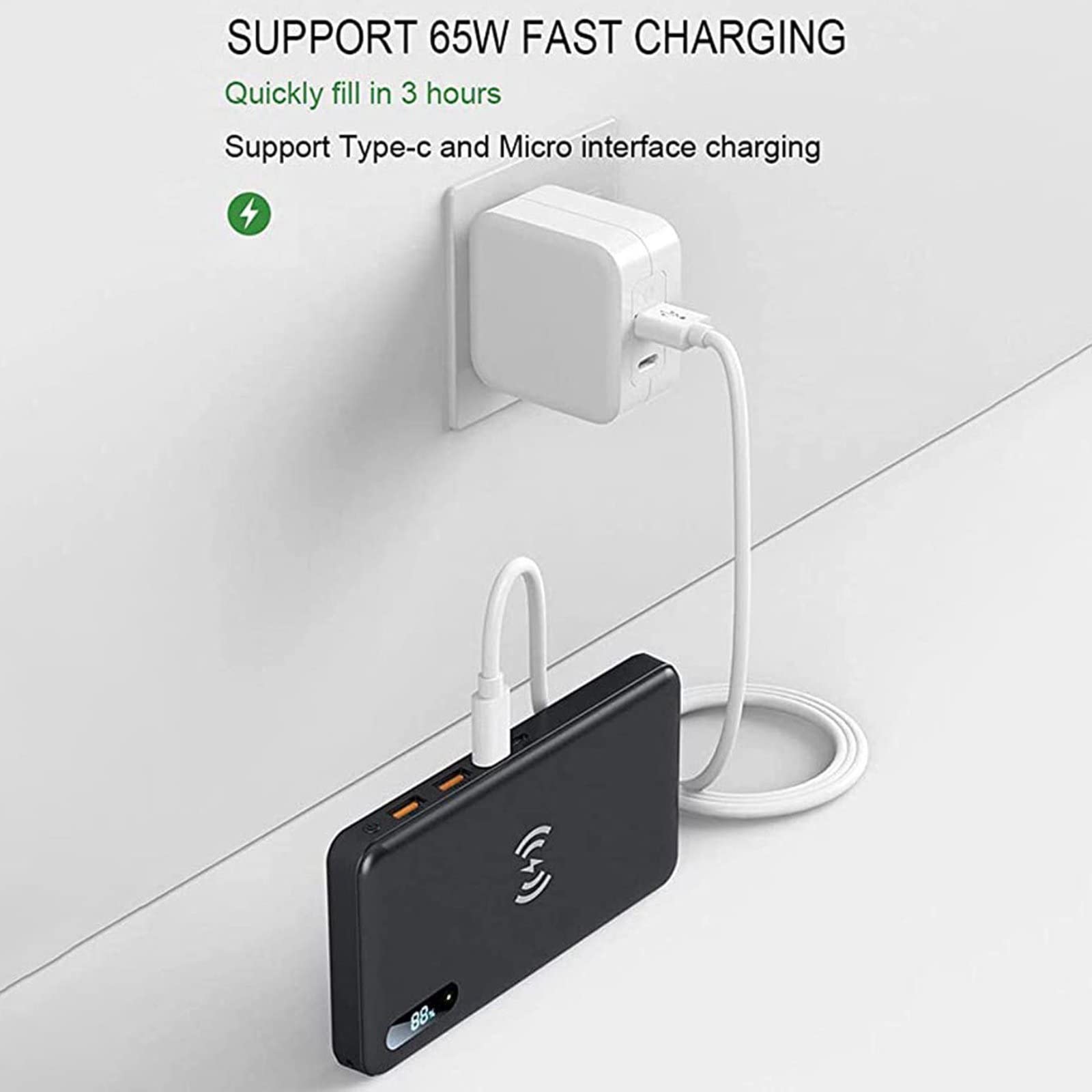 Móvil Portátil Batería Externa Power Bank inalámbrico 30000Mah PD 65W/15W Cargador portátil QC3.0/QC4.0/SCP Carga rápida con 2 entradas y 3 Salidas (Qi y USB C) Batería Externa para teléfono
