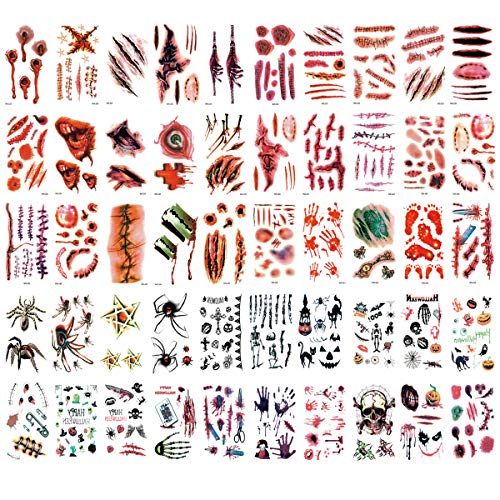glaryyears Wound Tattoo for Halloween Party (50 Sheets, over 300 patterns) Temporary Tattoos for Women Men Halloween decorations 2.4''x4.1''