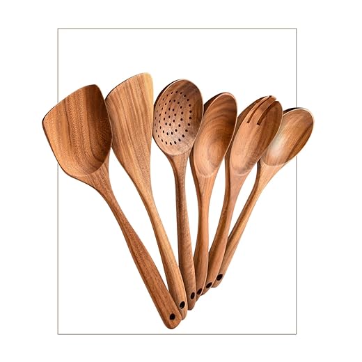 6-Piece Teak Wood Cooking Utensils Set – Wooden Spoons & Spatulas for Non-Stick Cookware – Eco-Friendly, Durable & Heat-Resistant Kitchen Utensils for Cooking & Serving