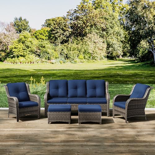 Joyside-Patio-Furniture-Set-5-Piece-Wicker-Outdoor-Furniture-Conversational-Set-with-3-Seat-Sofa-2-Armchairs-2-Ottoman-Patio-Rattan-Wicker-Sectional-Sofa-Set-with-Olefin-CushionsMixed-GreyBlue Joyside Patio Furniture Set 5 Piece Wicker Outdoor Furniture Conversational Set with 3 Seat Sofa 2 Armchairs 2 Ottoman Patio Rattan Wicker Sectional Sofa Set with Olefin CushionsMixed GreyBlue