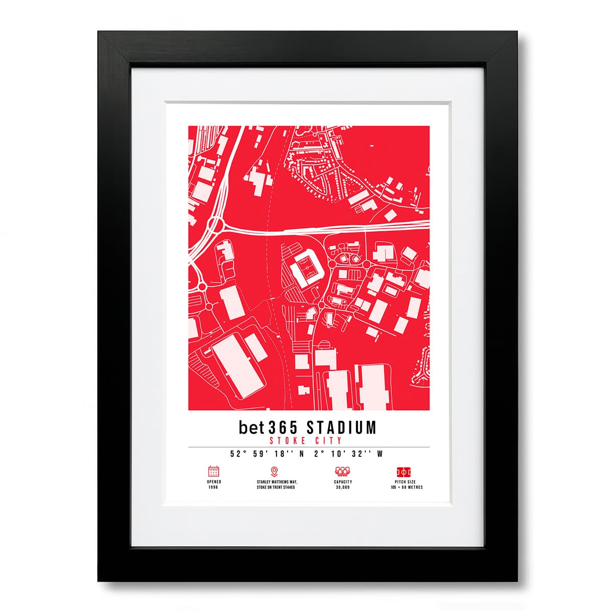 bet365 Stadium Map Minimalist A4/A3 Poster Photo Print Framed Gift Stoke City (A4 Black Framed & Mounted)