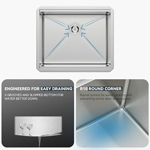 Miniatura 5 de Lordear Fregadero de cocina de montaje inferior de 23 pulgadas, estación de trabajo, fregadero de cocina de acero inoxidable calibre 16, cuenco