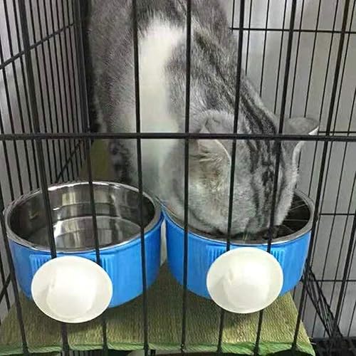 Miniatura 4 de RUBYHOME Comedero para perros y cachorros, cuenco de agua 2 en 1 de plástico y cuenco de acero inoxidable, extraíble colgante para gatos, conejos,