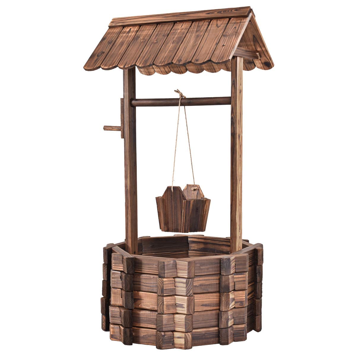 COSTWAY Fontaine de Jardin d'Ornement en Bois de Sapin Traité Carbonisation, Puit de Jardin 56 x 56 x 114 cm avec Seau et Manivelle, Décorative de Jardin