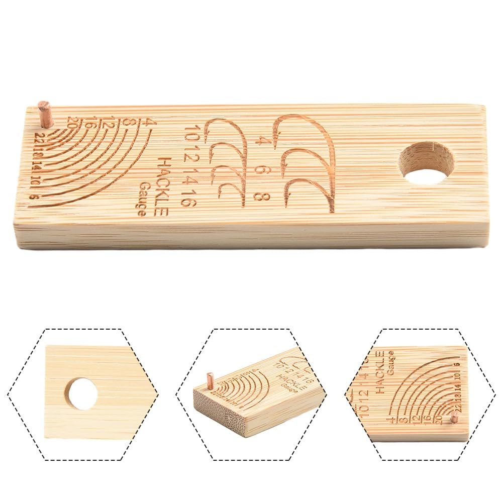 Calibro per pesca a mosca, strumento di misurazione per ami di dimensioni 4-16 e hackle misure 4-22, accessorio da pesca in legno con design girevole, 76 x 25 mm