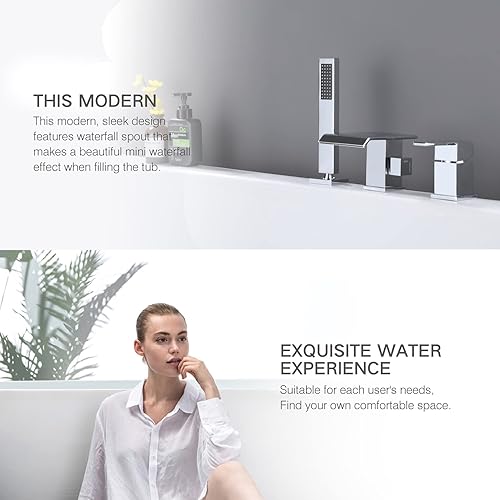 Miniatura 65 de TapLong Grifo de llenado de bañera en cascada con ducha de mano, juego de grifo de bañera romano generalizado, montaje en cubierta, 3 agujeros, Oro