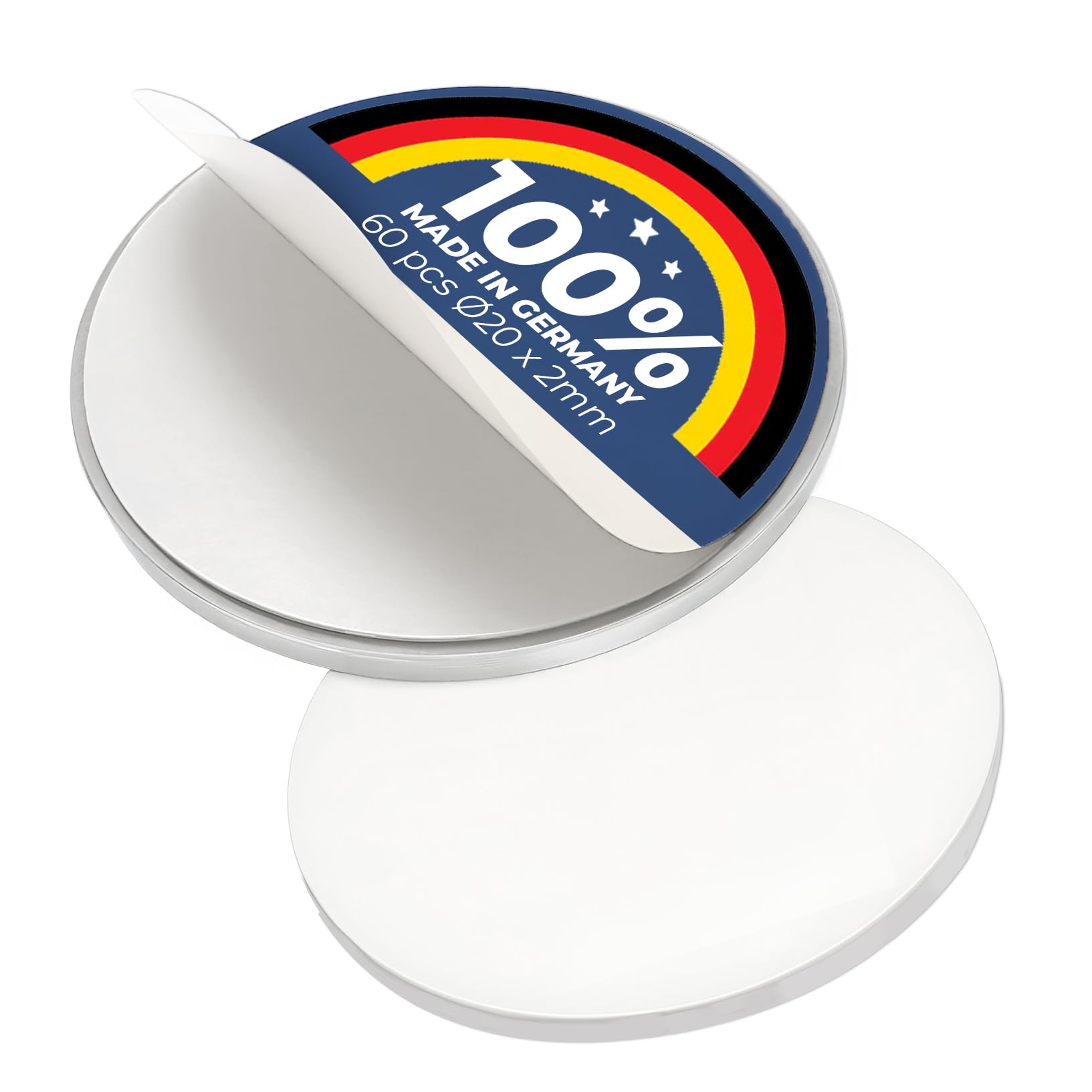 60 Metallscheiben selbstklebend weiß ohne Loch - aus Stahl (DC01) - Ø 20mm x 2mm - Metallplättchen rund mit Doppelklebeband - Gegenstück/Haftgrund für Magnete, Menge:60 Stück