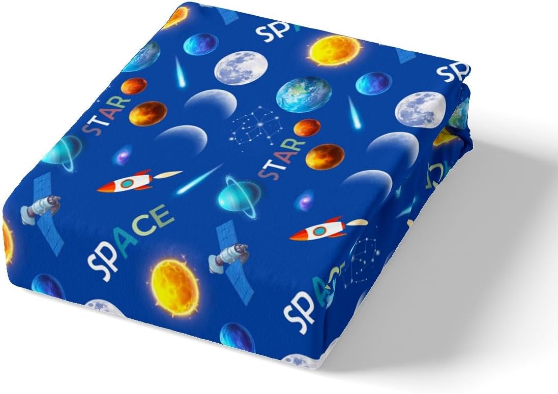 Homewish Universe Planet Bedding Set Toddler Size,Space Stars Galaxy Duvet Cover Set 2Pcs for Kids Boys Teens Room Decor,Spacecraft Rocket Comforter Cover Sun Moon Navy Blue Quilt Cover,1 Pillowcase