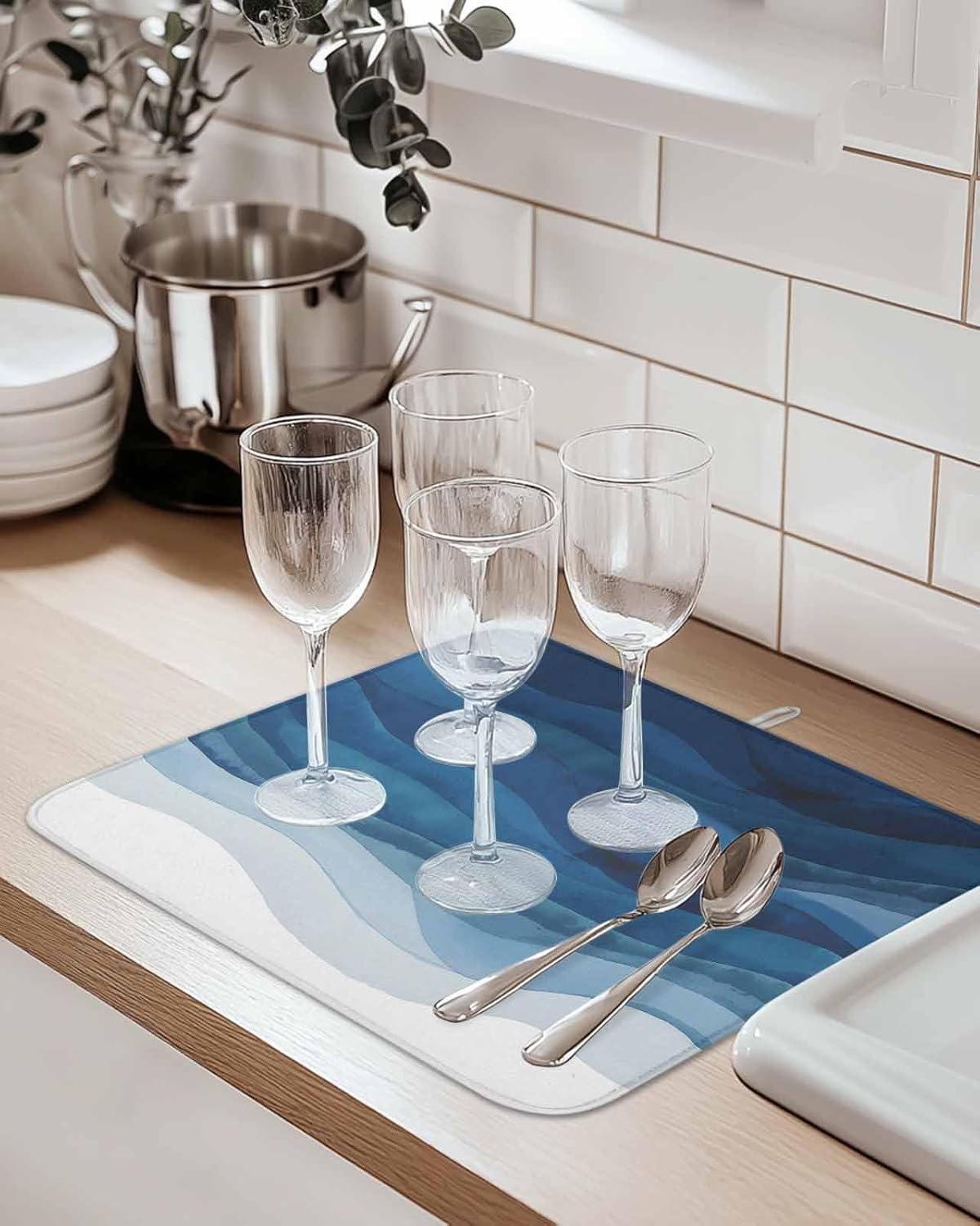 Dish Drying Mat for Kitchen, Abstract Art Navy Blue Gradient Waves Ocean Absorbent Dish Drying Pad, Kitchen Counter Mat for Dishes Utensils Camping, 18"x24"(2 Pcs)