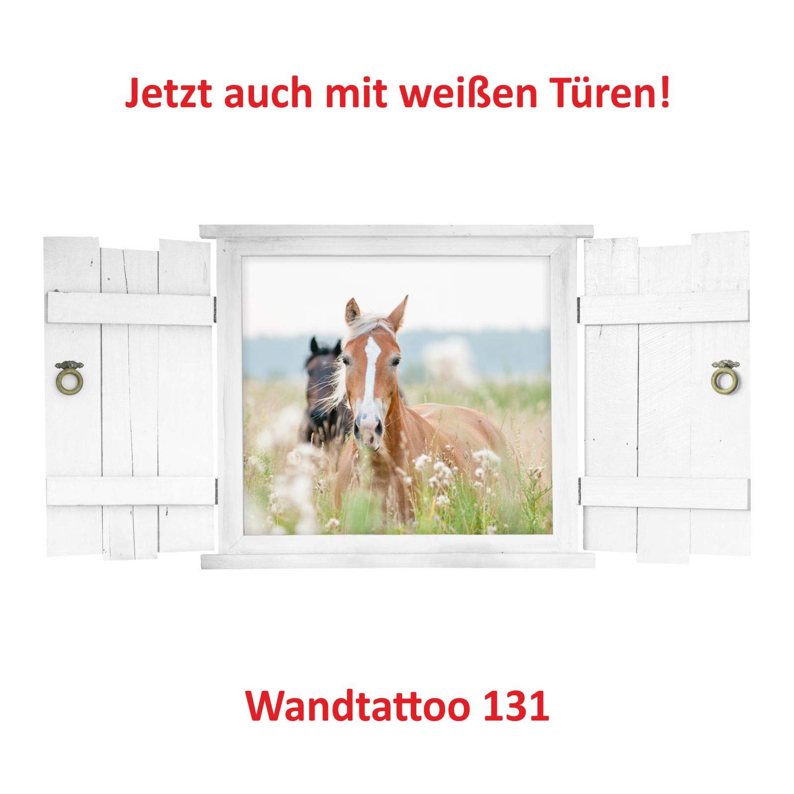 023 Sticker mural Chevaux dans la fenêtre avec volets – Disponible en 6 tailles – Magnifiques stickers pour chambre d'enfant et stickers mignons – Décoration murale pour garçon et fille – Dimensions