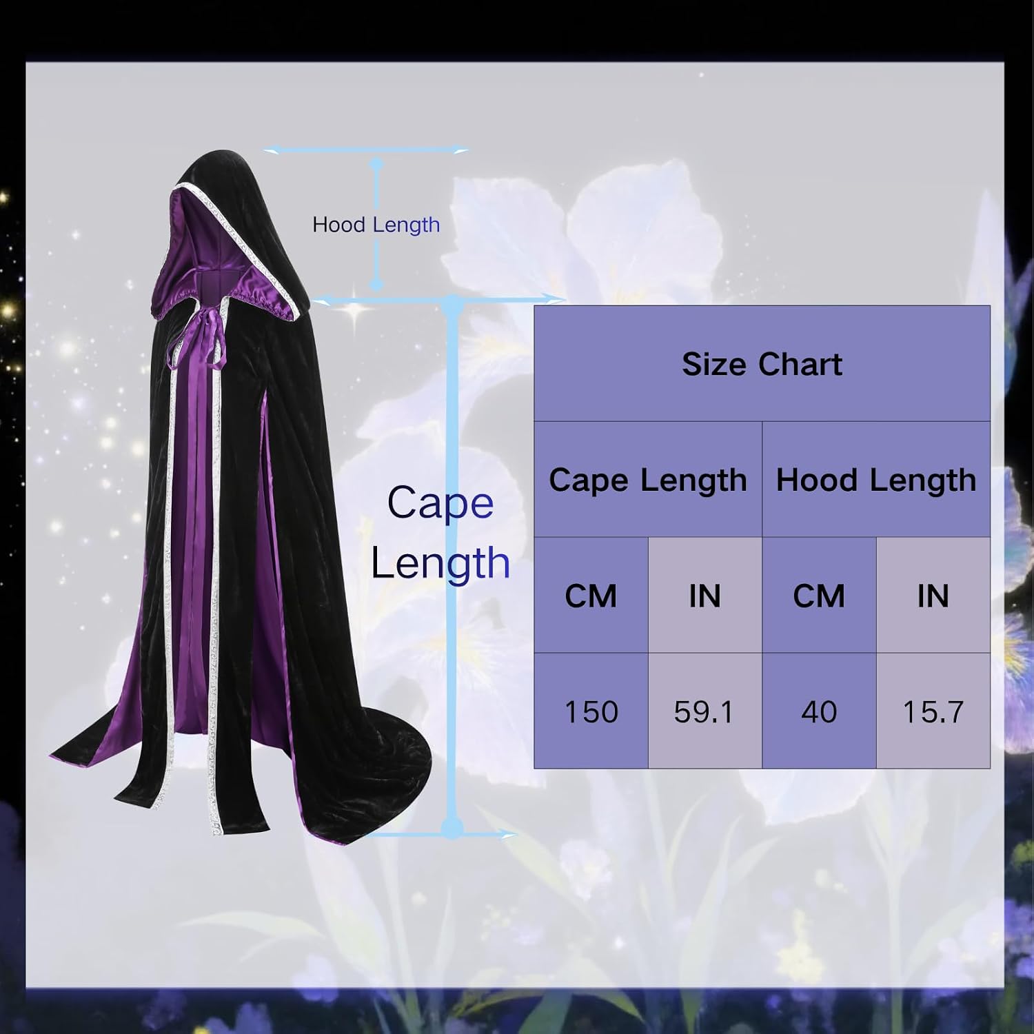 Colorful House Elegant Lace Trim Witch Cape for Halloween Costume Cloak in Black and Purple for Adult
