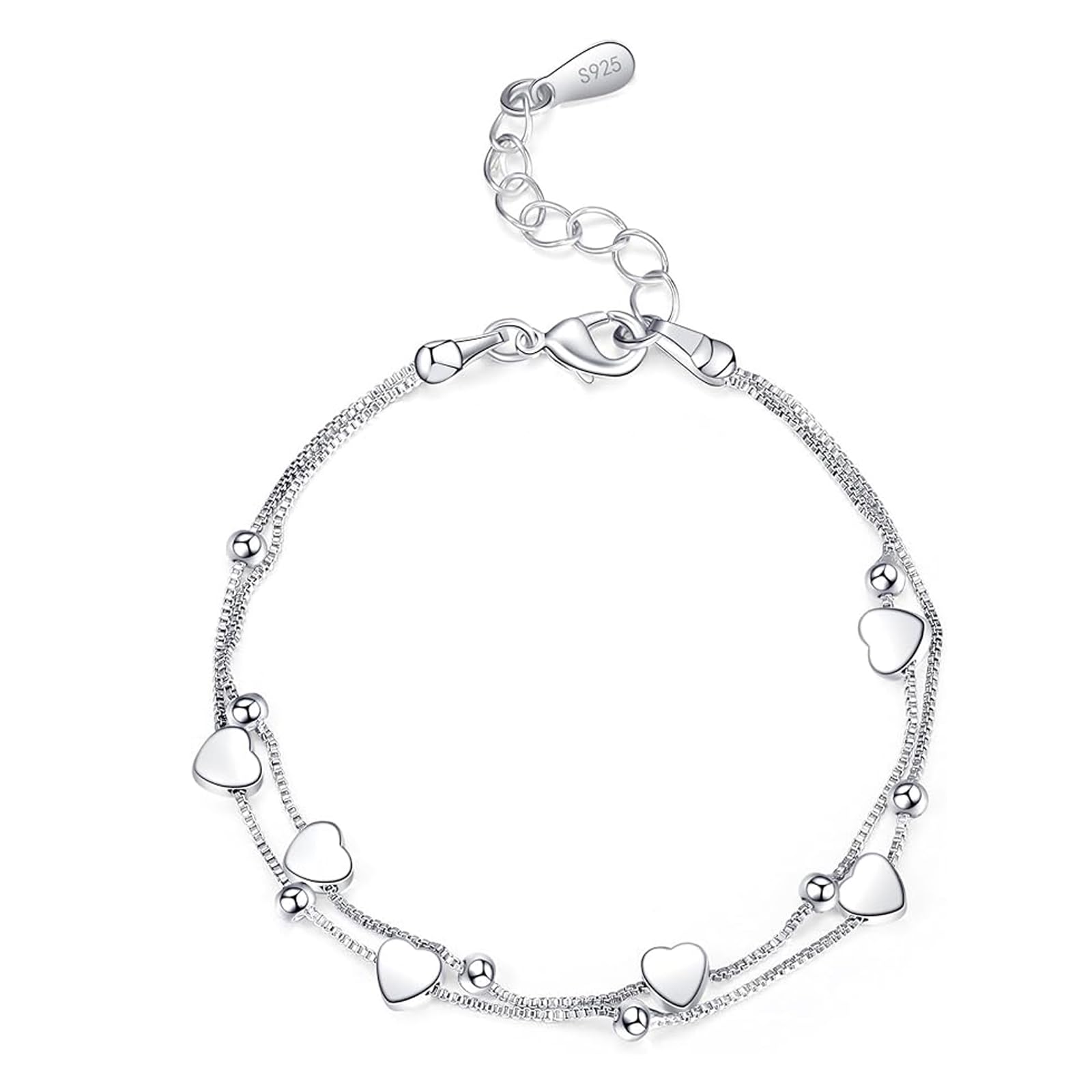 hongjianyyyyds Pulsera de plata con corazón de plata de ley para mujeres y niñas, Eslabones Amistad Ajustable Charm Pulseras Capas Regalo Aniversario