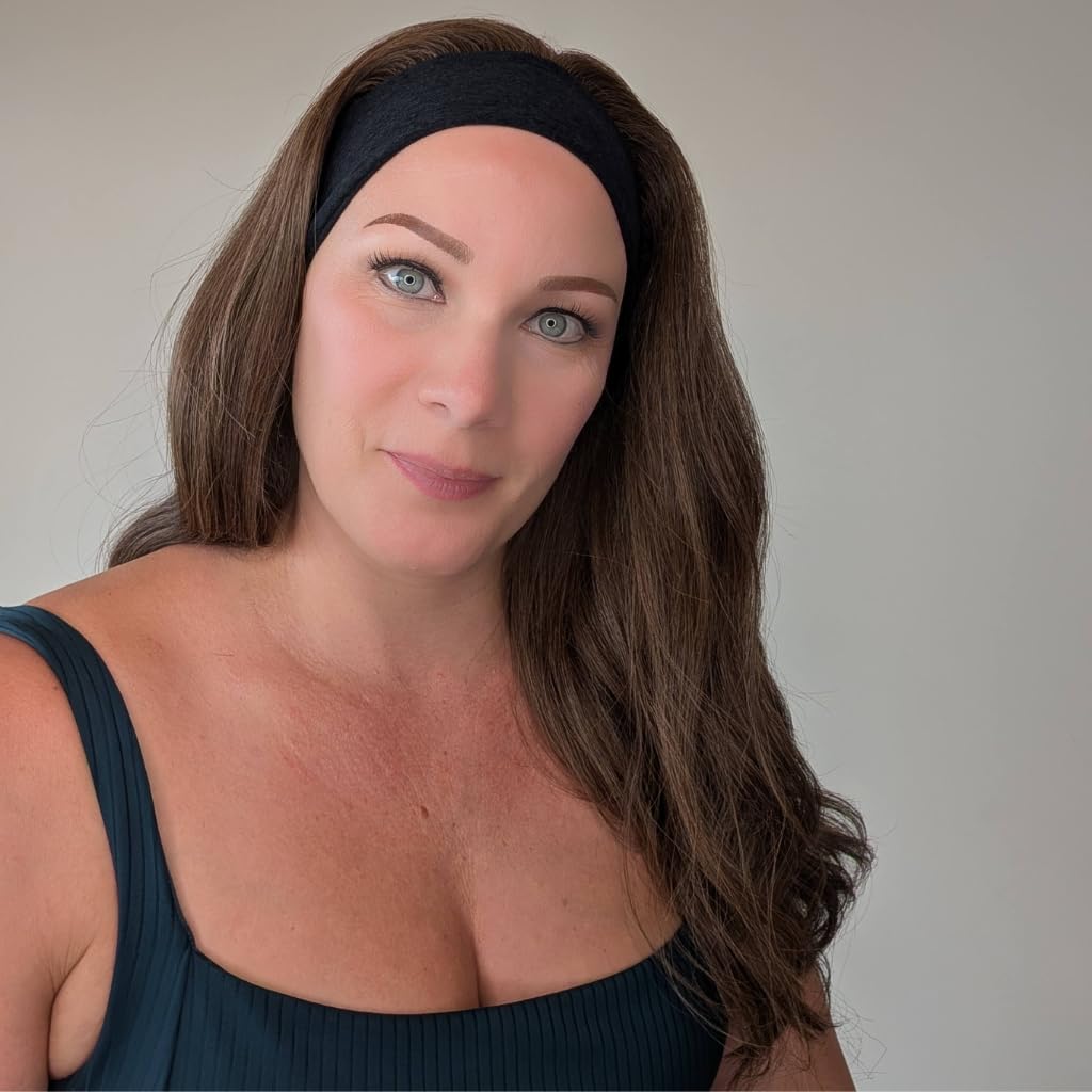 Headband Wigs for White Women – Fully Hand Tied, Easy Ponytail Wig, Swim & Sport Wig for Active Lifestyles, Heat Friendly Synthetic (Dark Brown with Blonde Highlights, Average | 20.55"-22" Inches)
