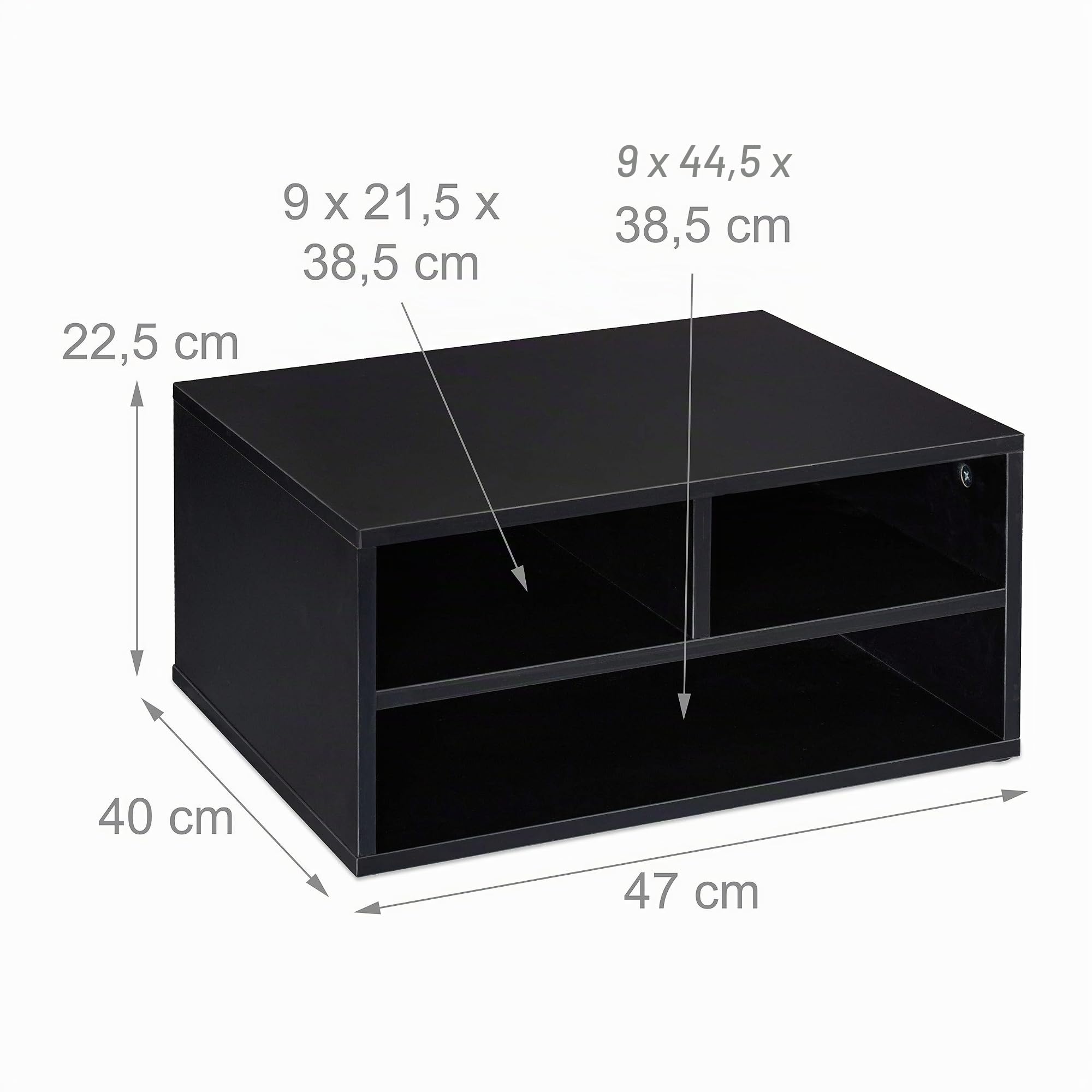 Relaxdays Supporto per Stampante da Scrivania, 3 Scomparti, Portadocumenti e Portacarta, Organizer, 22,5x47x40 cm, Nero