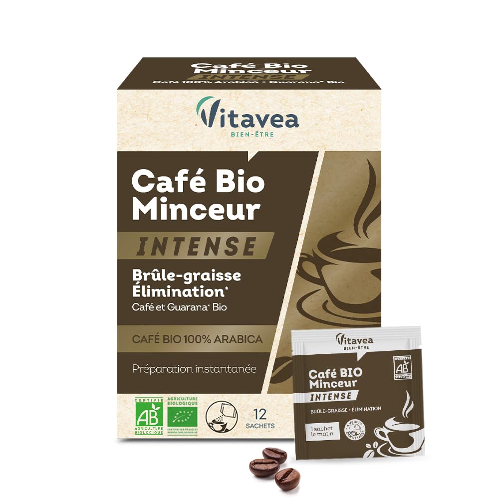 Vitavea - Café Minceur BIO Intense - Brûle-​graisse Elimination Silhouette affinée - Café soluble 100% Arabica Guarana origine naturelle et biologique - 12 sachets - Fabriqué en France