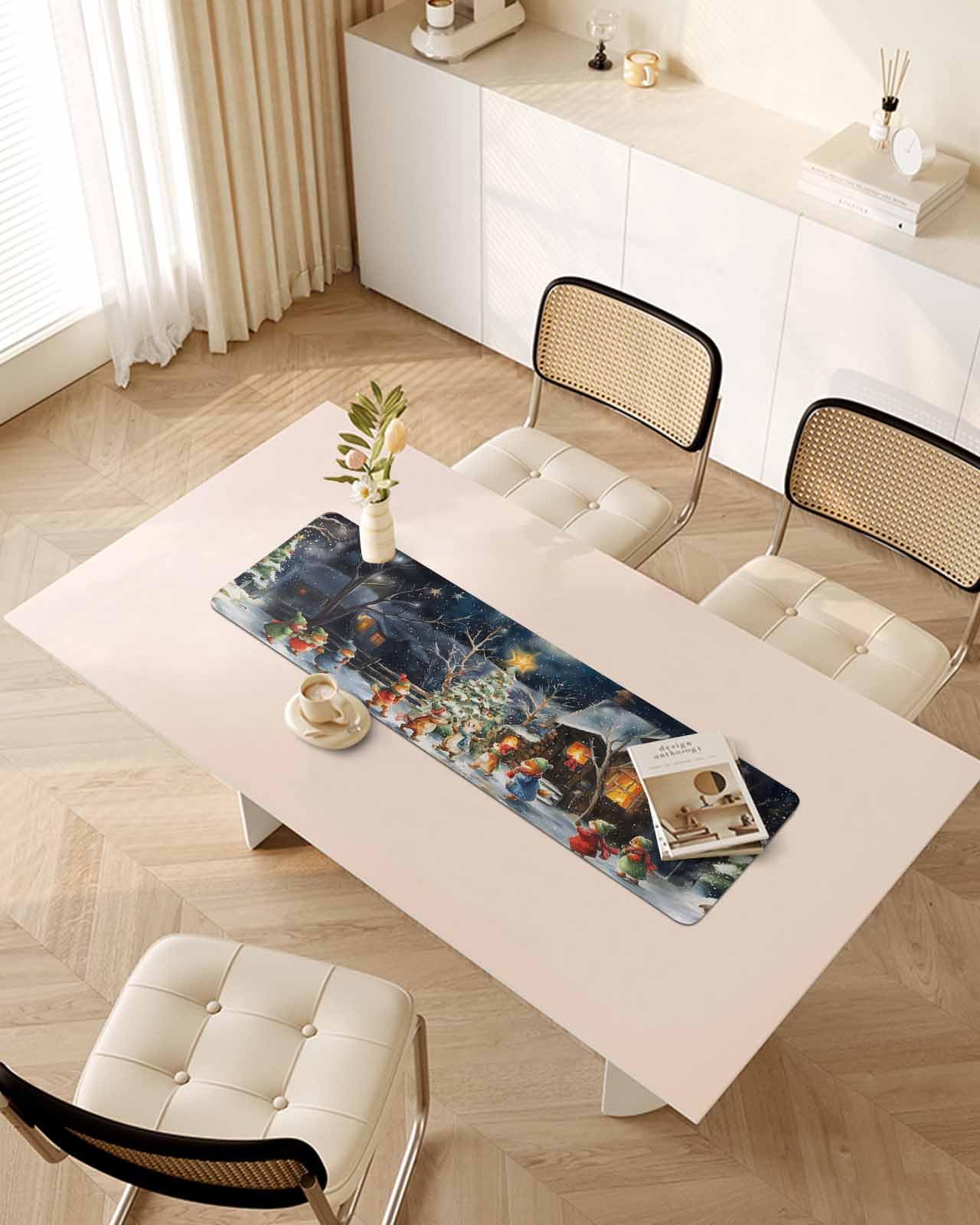 Debedcor Heat Proof Table Pads Waterproof Decorative, Merry Christmas Non-Slip Table Countertop Protector, Winter Animal Xmas Trees Snowfall Insulation Mat for Dining Room, 48 x 12 Inches