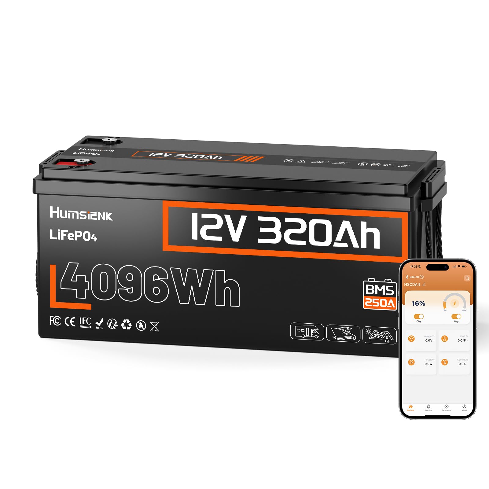 HumsiENK 12V 320Ah LiFePO4 Lithium Battery (250A BMS) with Bluetooth, Deep Cycles 300Ah+ LiFePO4 Battery, Low Temp Protection, 4096Wh Energy, 10-Year LifespanPerfect for RV, Off-Grid, Solar Energy