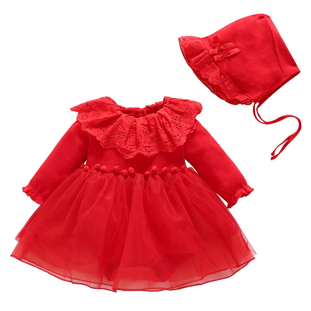 Toddler Baby Girl Long Sleeve Fall Dress Flower Lace Wedding First Birthday Baptism Christening Dresses with Hat Outfit
