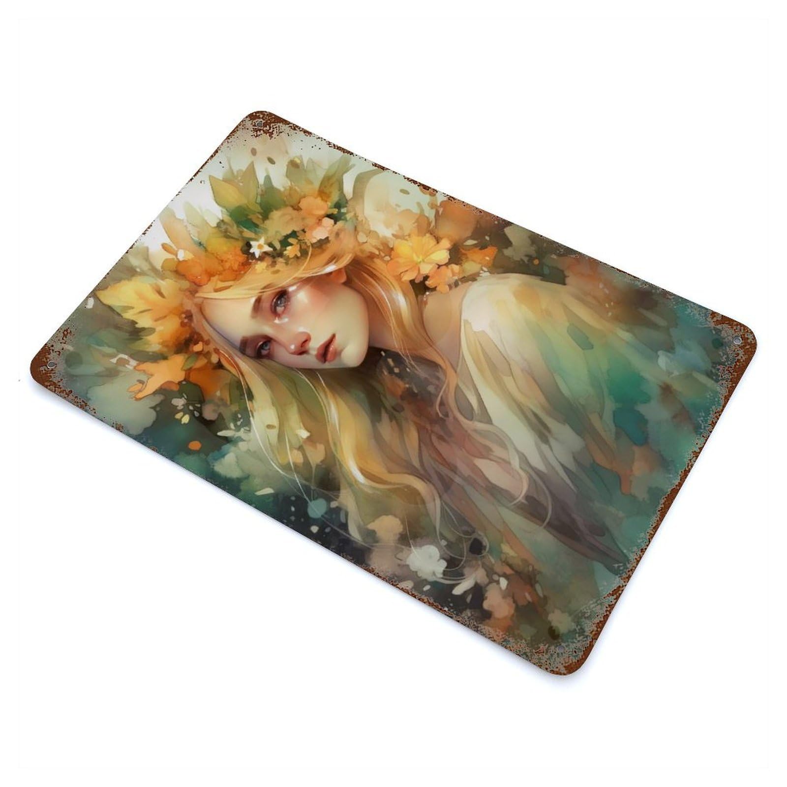 Rusty Metal Tin Sign Watercolor Floral Portrait 11.8"x7.9", Industrial Home Decor for Patio, Garden Room And Bar Decor