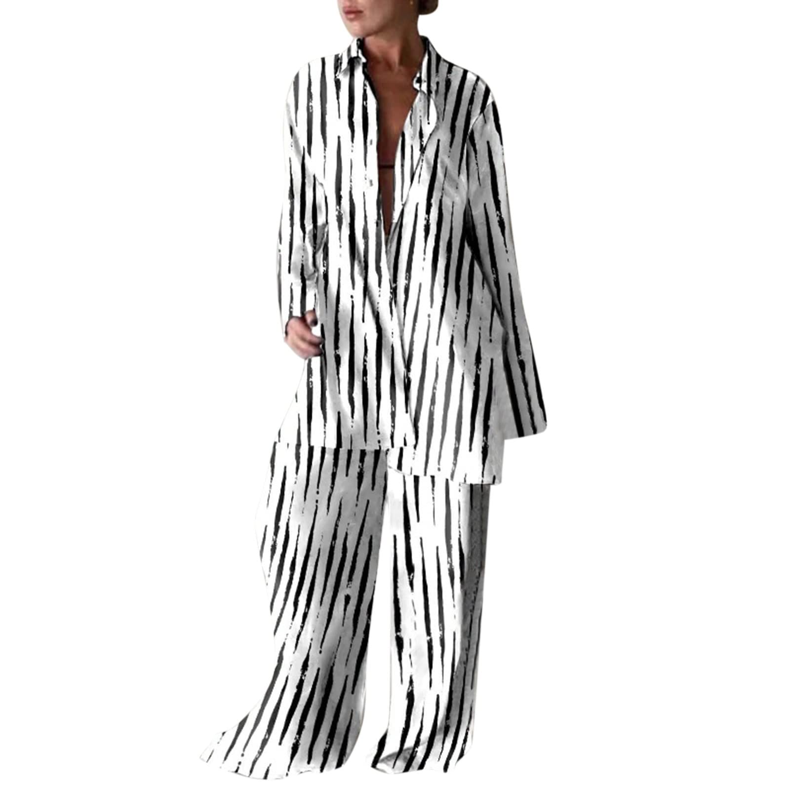 Damen Zweiteiler Set Elegant Hosenanzug Langarm Revers Bluse + Weites Bein Hose Sommer Herbst Outfit Casual Loungewear Streetwear