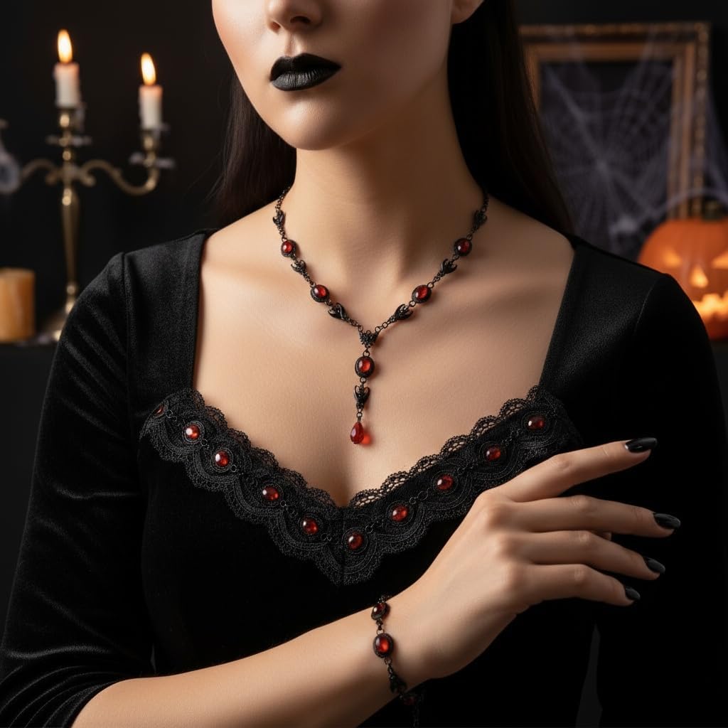 Gothic Halloween Jewelry Set for Women Dark Vintage Crystal Blood Drop Tassel Necklace Eearrings Black Gothic Necklaces Bracelet Earrings Sets Halloween Jewelry Set for Women - Image 5