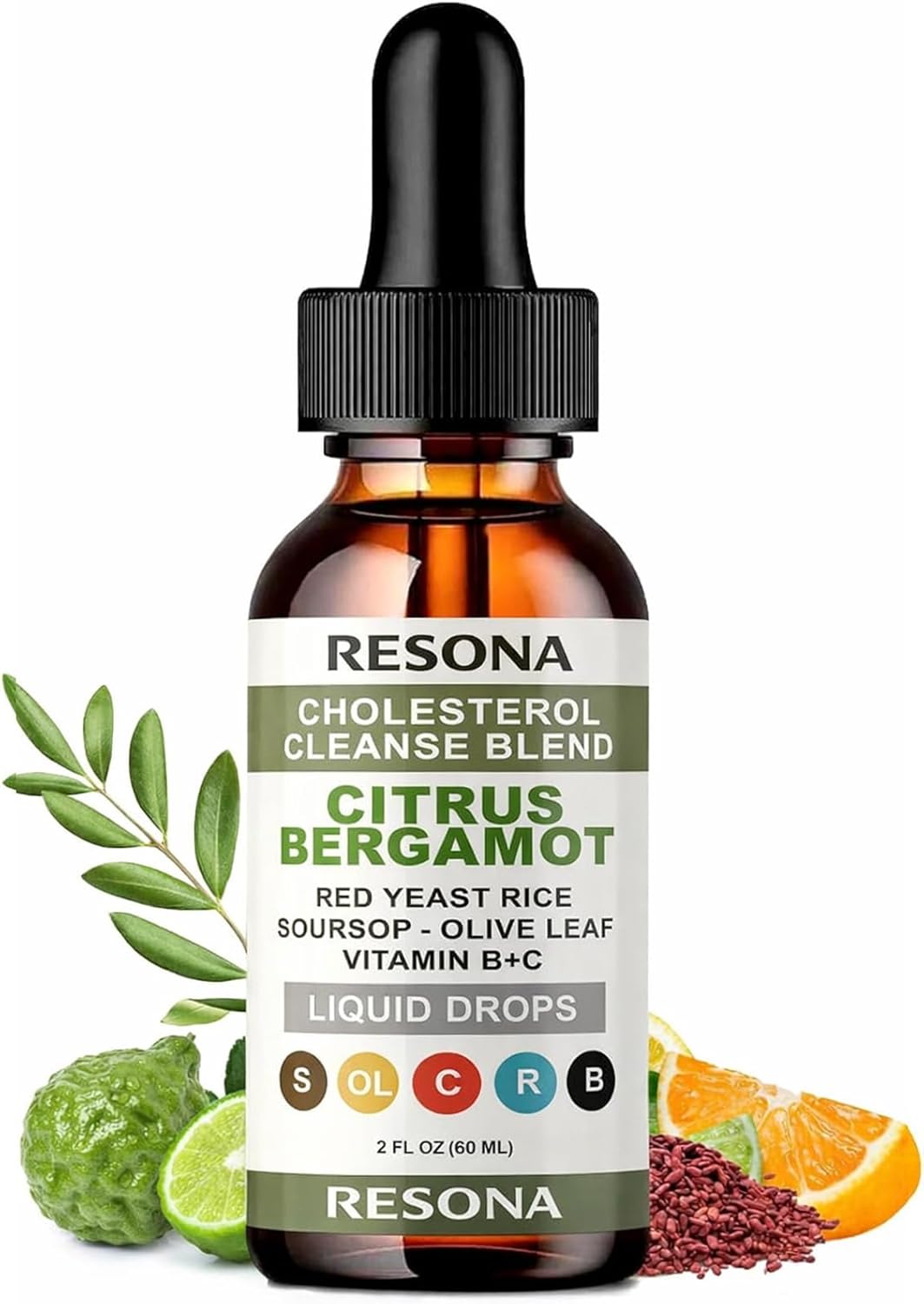 RESONA Red Yeast Rice Drops - High Absorption Cholesterol Support Blend with Citrus Bergamot, Olive Leaf & Soursop - Natural, Non-GMO, Vegan - 2 fl oz (1)