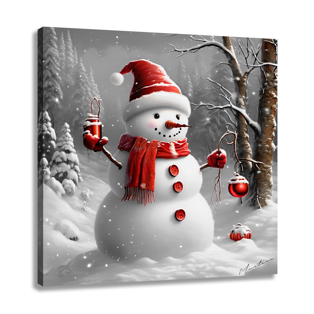 Woxfcart Christmas Snowman Wall Art Winter Snow Scene Picture Print on Canvas 12 x 12 in