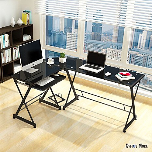 L-Shape Corner Computer Desk PC Glass Laptop Table Workstation Home Office Black