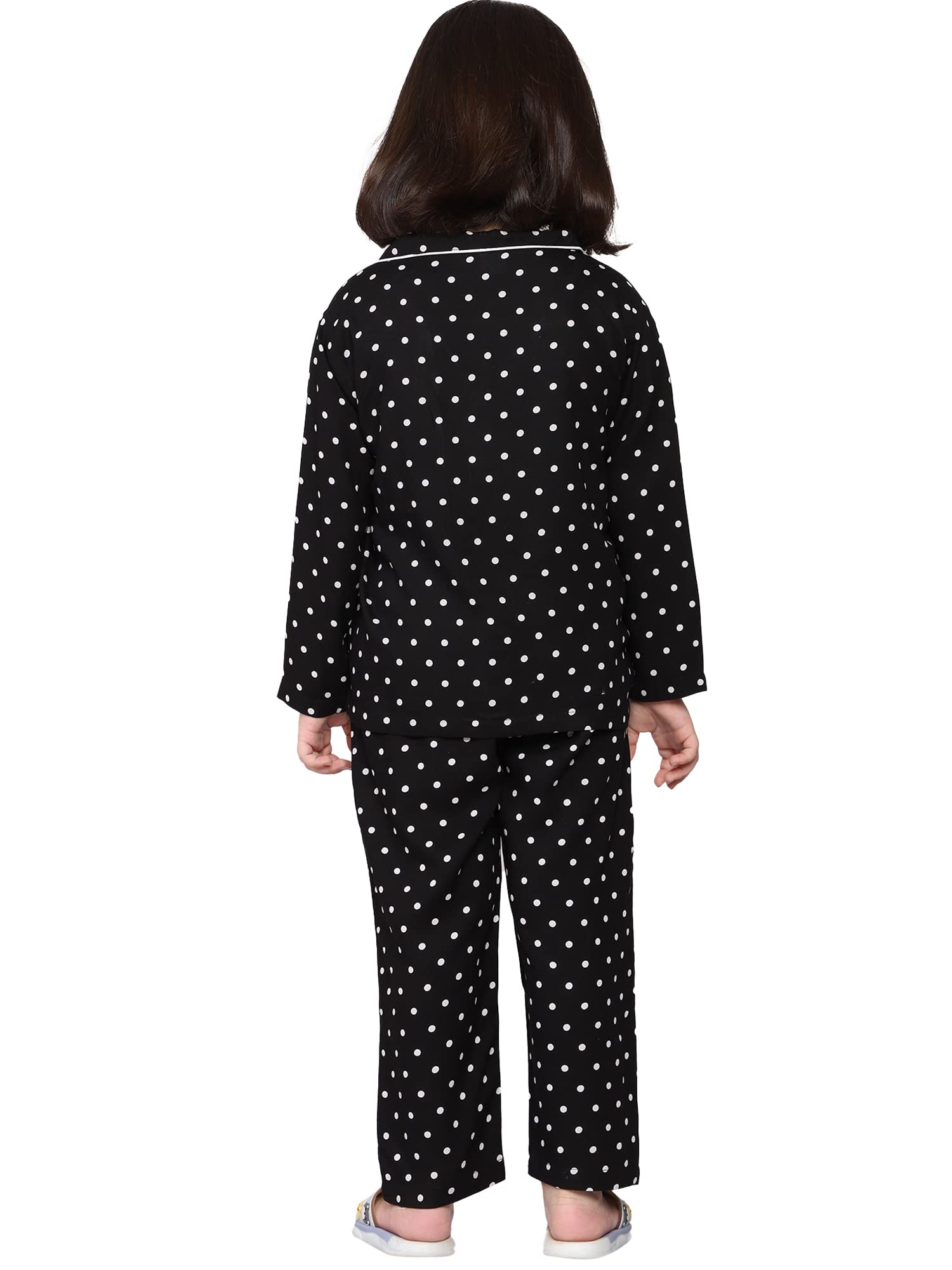 mininest Unisex Rayon Full Sleeves Polka Dots Printed Night Sleepwear Suit Pajama Set Comfortable Soft With Front Button & Elastic Pajama Regular Night Dress For Kids (Blk 3-4 Year)