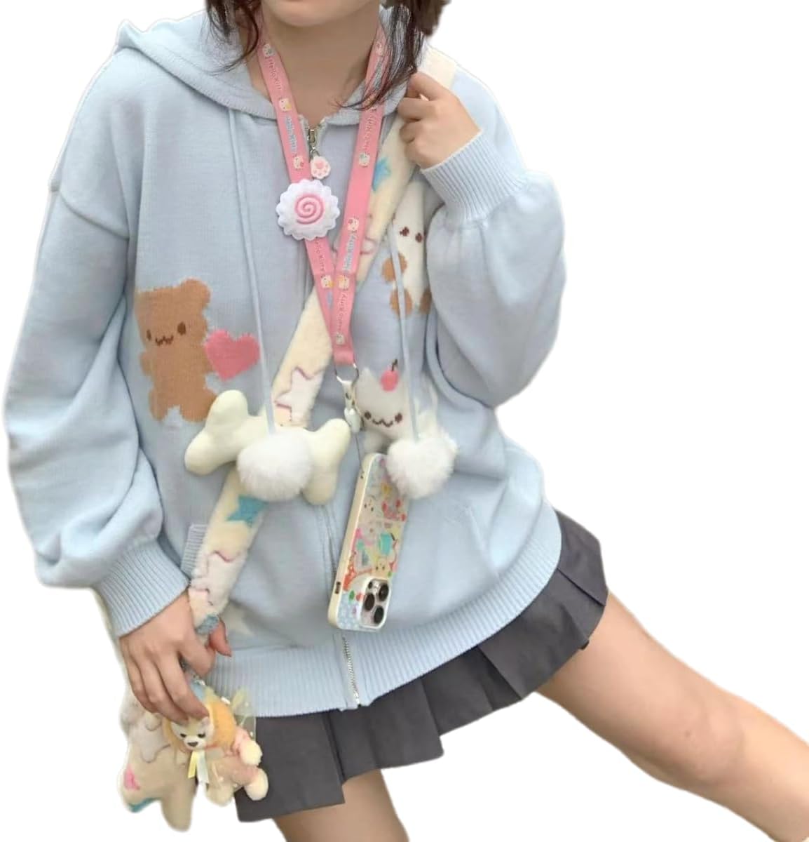 Women's Japanese Kawaii Small Animal Embroidered Zipper Knitted Cardigan Hooded Y2K Jacket top