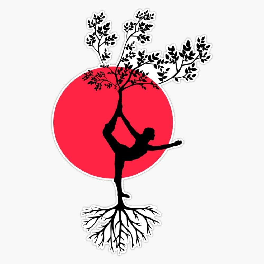 Yoga Tree of Life Dancer Pose Silhouette Red Sun Roots Branches Mindfulness Waterproof UV Resistant 5 Inch Reusable Magnet