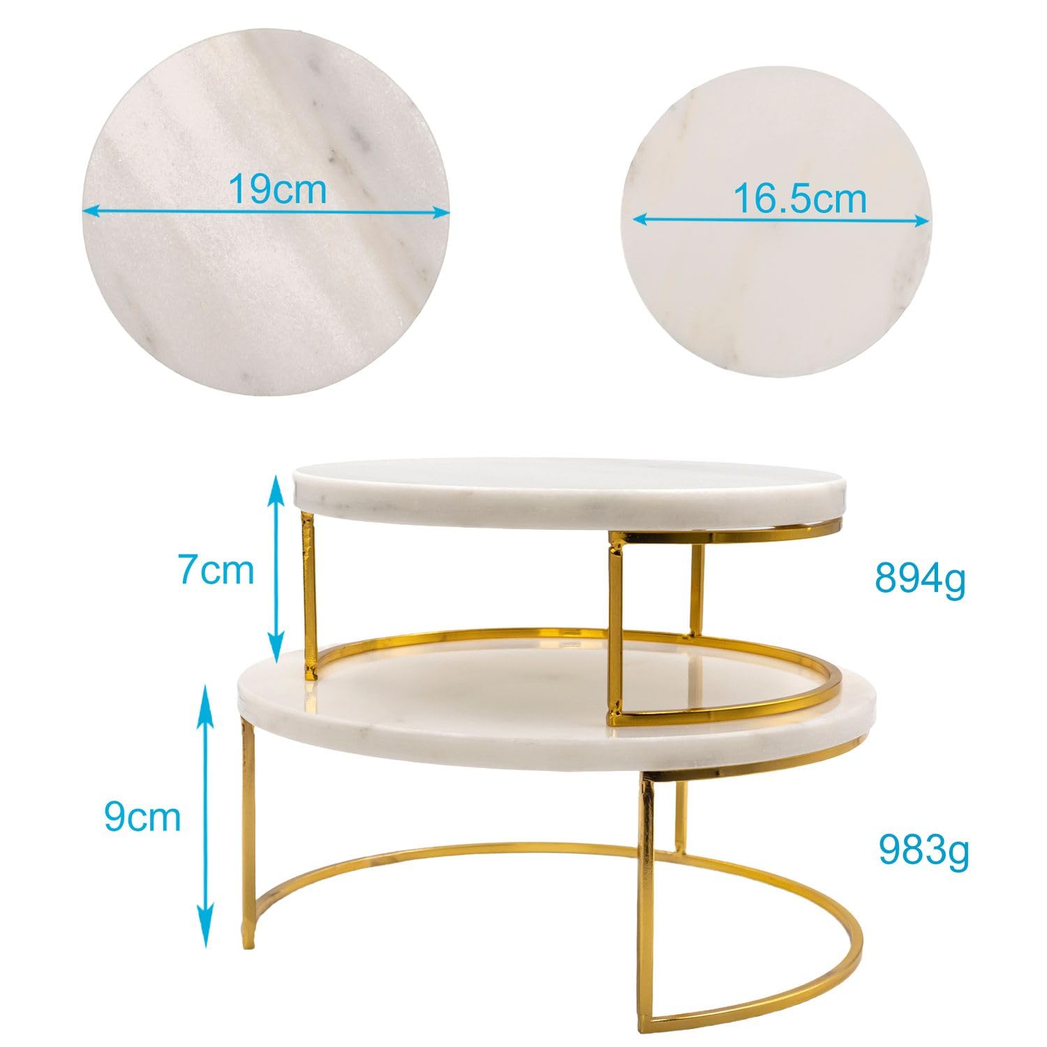 Intirilife 2x Plateau à gâteaux Présentoir à gâteaux avec or et marbre blanc - 17 x 8 cm - 20 x 12.5 cm - Plateau pour gâteaux Tarte ronde Plateau de service pour pâtisseries