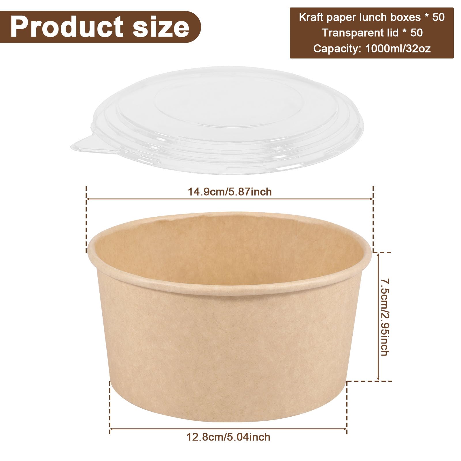 Ciotole di carta 1000 ml compostabili 50 pezzi con coperchio per zuppa insalata dolci