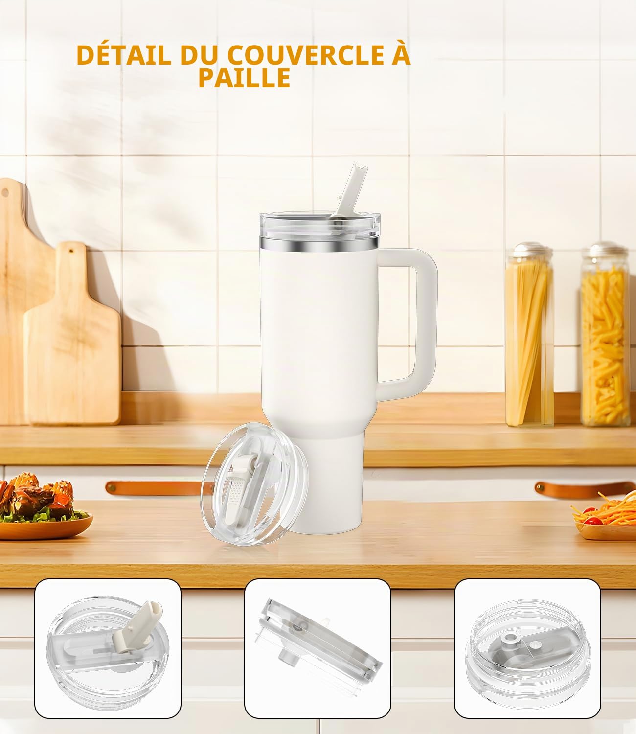 CloudValley [2 Pièces] Couvercle Étanché pour Stanley Cup 30 oz Accessoires, Remplaçant avec Paille Pliable en PC, [Amovible & Facile à Nettoyer] Couvercle de Protection Réutilisable, Blanc