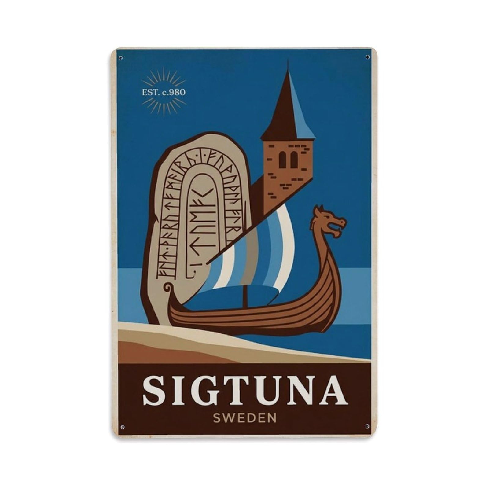 Vintage Travel Sigtuna Sweden Viking Metal Tin Sign