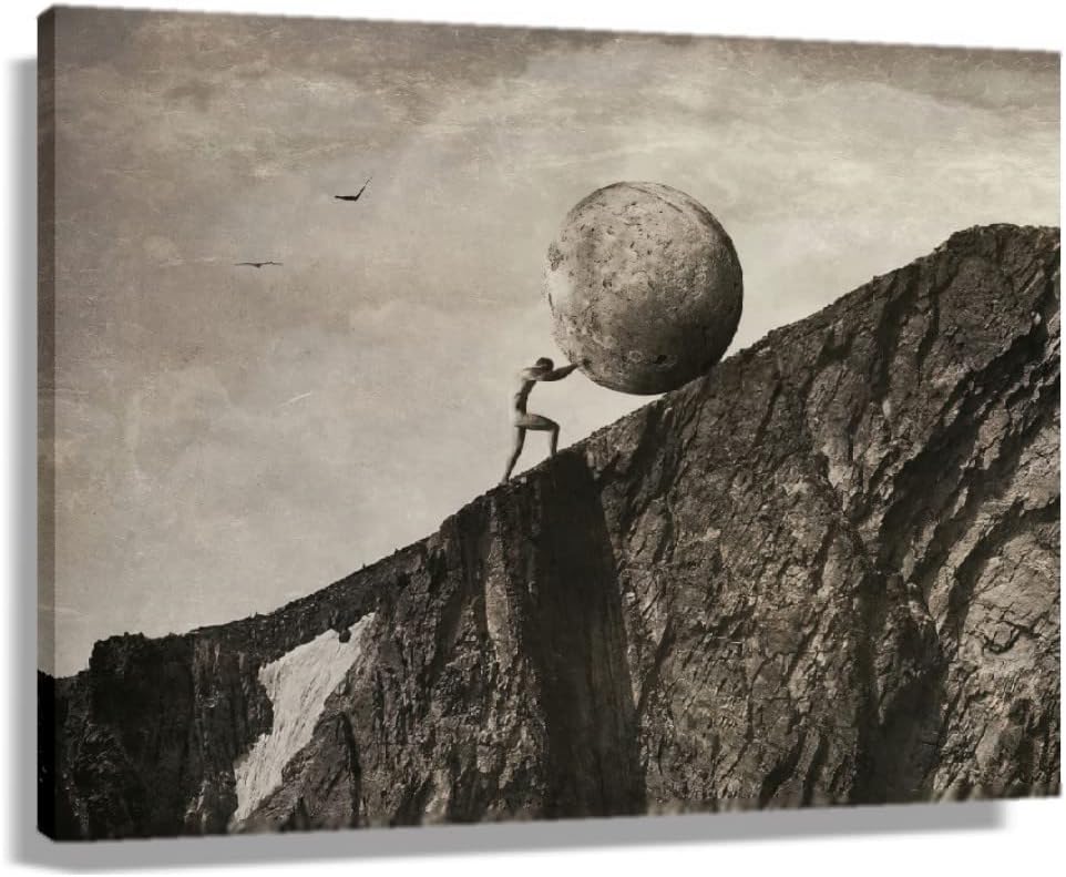 Sisyphus Poster Vintage Framed Greek Wall Art Greek Mythology Poster Sisyphus Art Canvas Abstract Painting Pictures For Bedroom Wall Decor Framed (16x24 inch) Framed 16x24 Sisyphus