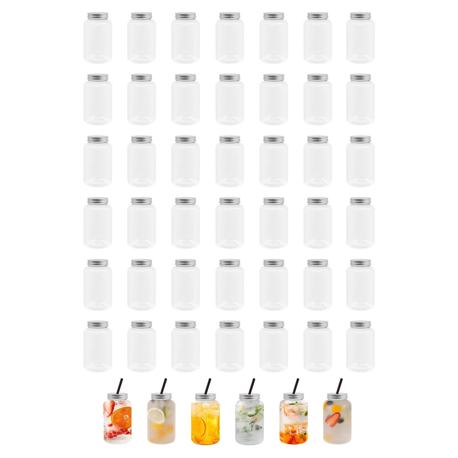 NestGlynezz 48Pcs Milk Tea Jars with Leak Proof Seal Cap, Plastic Juice Bottles, Drink Containers with Aluminum Caps, 450ml/15.2oz, Clear Drinking