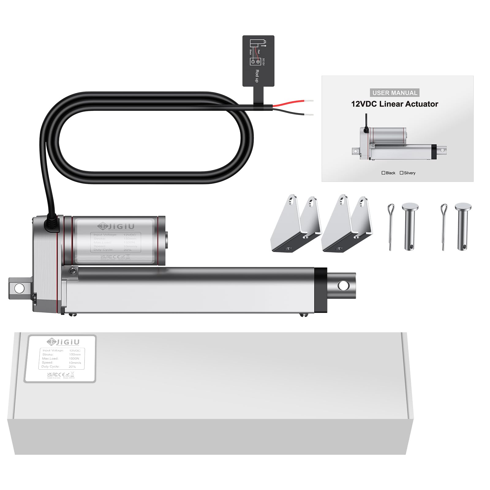 JiGiU Actionneur Linéaire 12V 1500N IP65, Course 150mm, 10mm/s, Vérin Électrique Auto-bloquant avec Supports, pour Ouvre-porte/Ouvre-fenêtre, Domotique, Machines - Argent