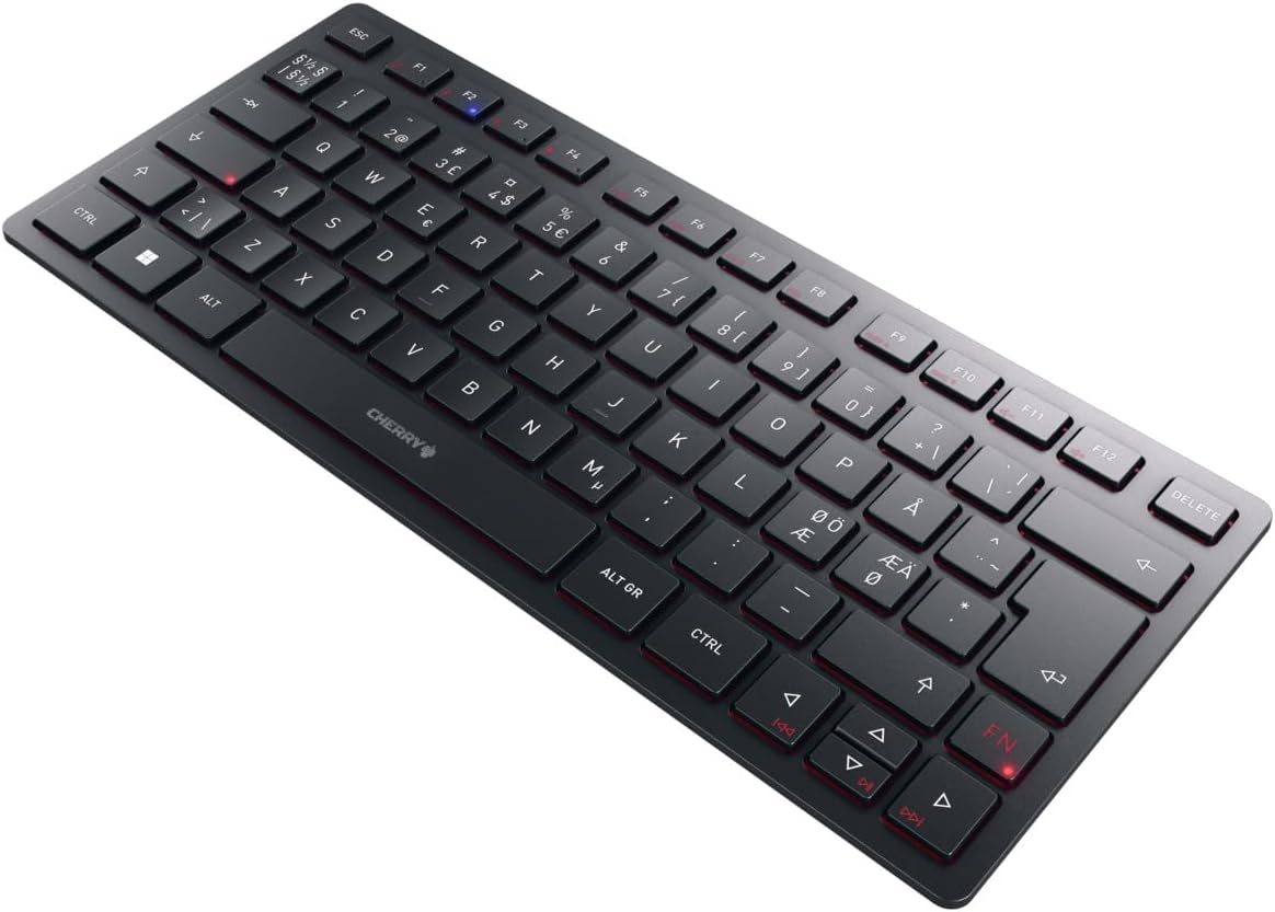 CHERRY KW 9200 MINI, Compact Multi-Device Keyboard for up to 4 devices, Panoramic Layout (QWERTY), Connectivity via Bluetooth®, Radio or Cable, Rechargeable, Black