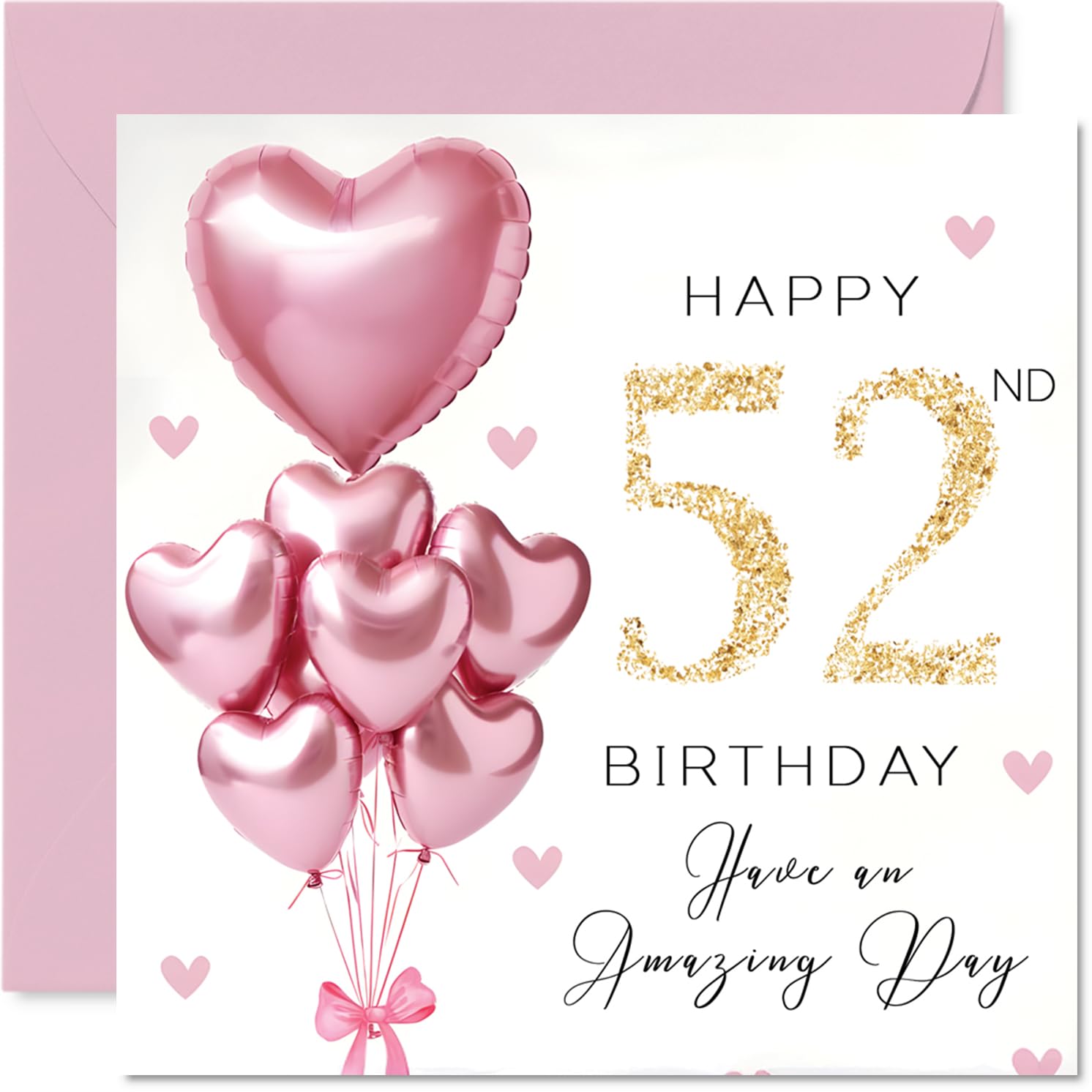 52nd Birthday Cards for Women - Pink Glitter Balloons - Happy Birthday Card for 52 Year Old Woman Wife Neighbour Cousin Sister, 145mm Bday Greeting Cards