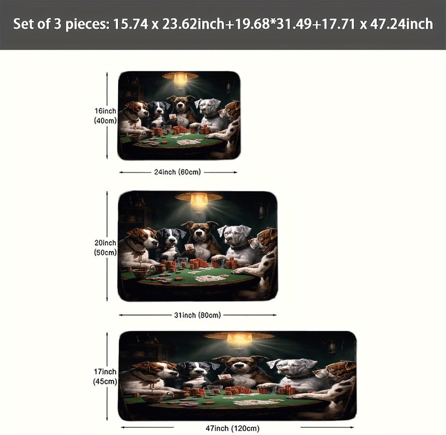 Playing Poker Dogs Kitchen Rugs Sets of 3 Non Slip Kitchen Mats for Floor Farmhouse Kitchen Sink Mat Thick Comfort Standing Mat for Laundry Room Hallway Bathroom